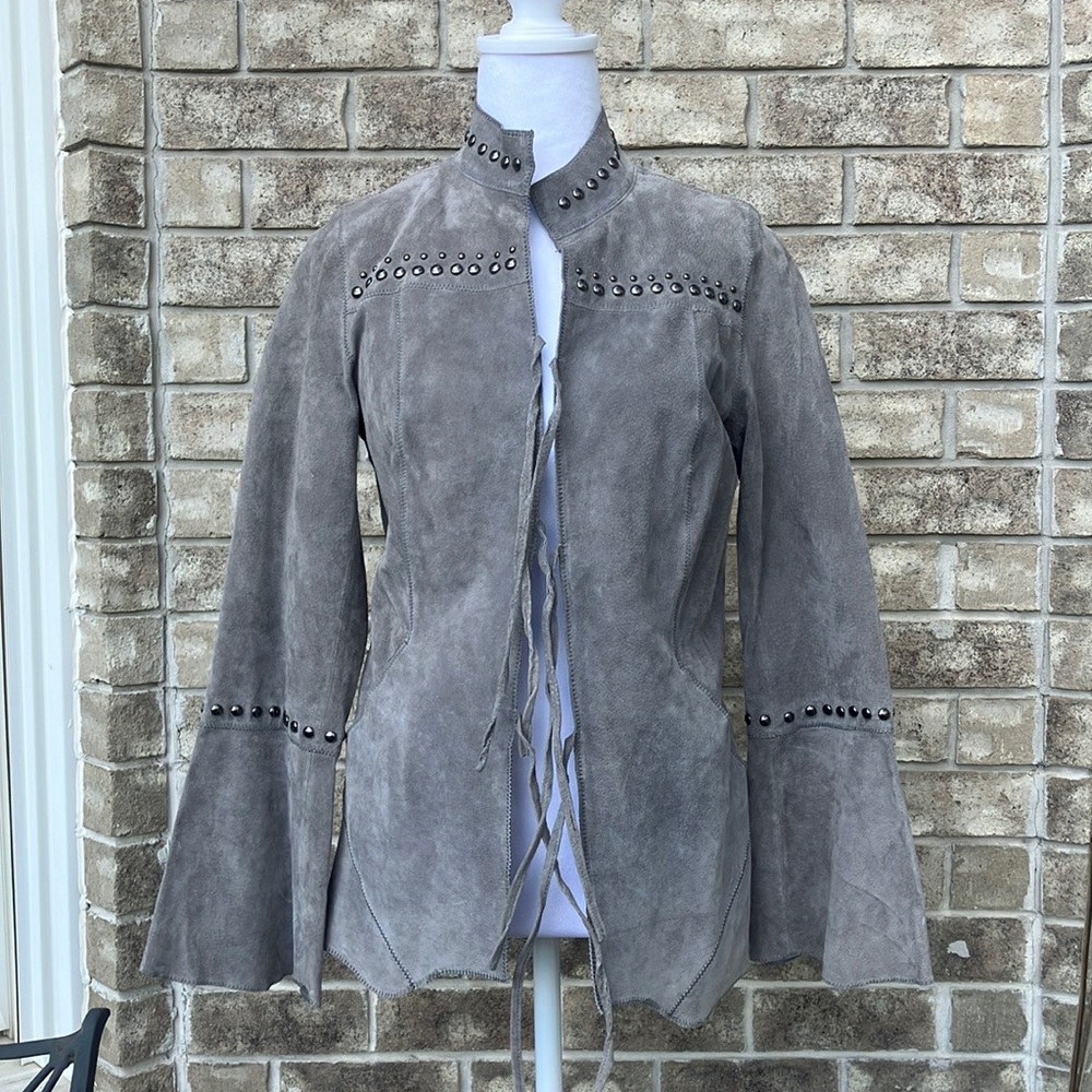 Unique Studded Grey Suede Asymmetrical Leather Jacket with Flare Sleeves